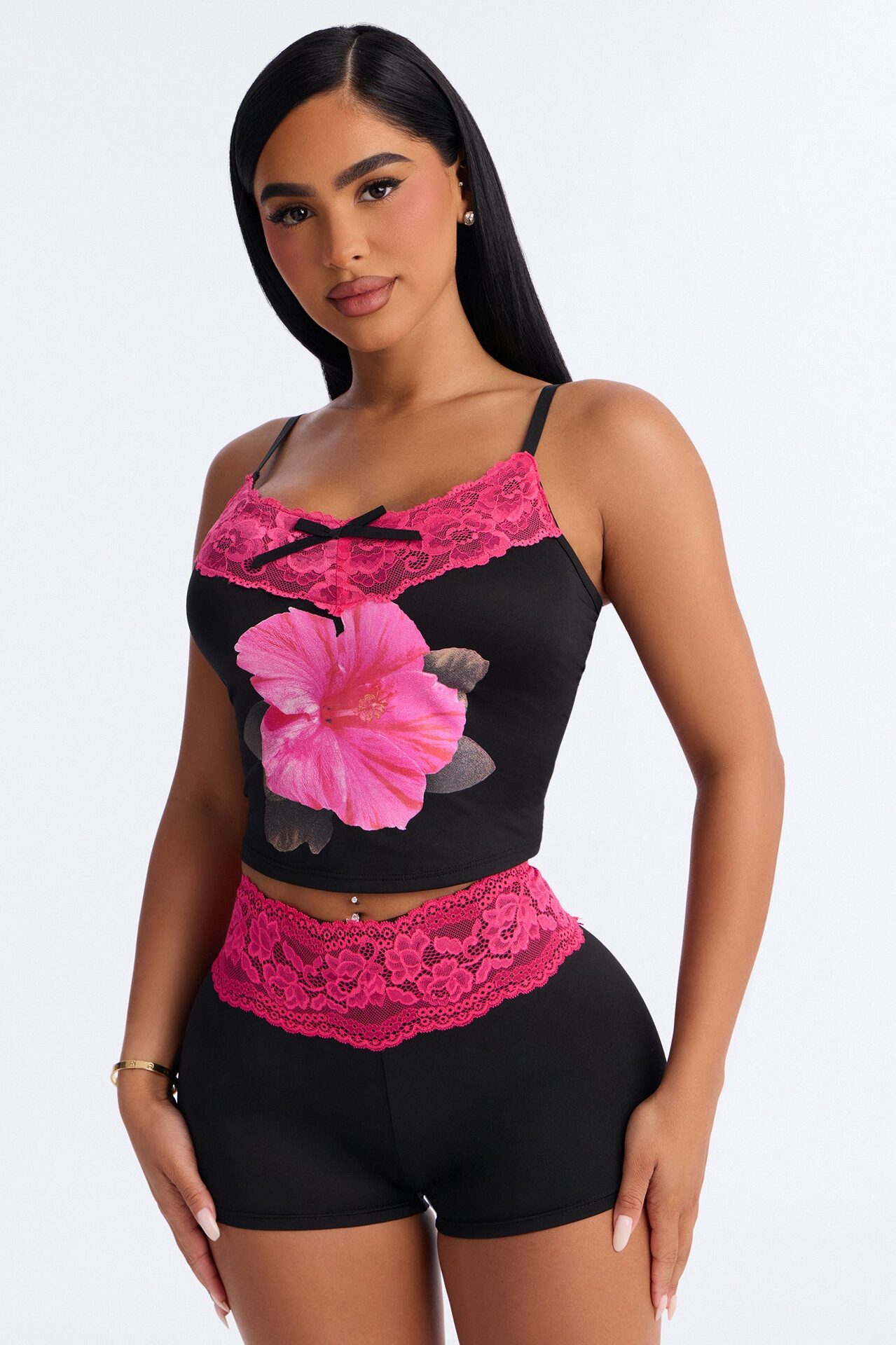 All With Me Floral Lace Trim 2 Piece PJ Set - Black/Pink