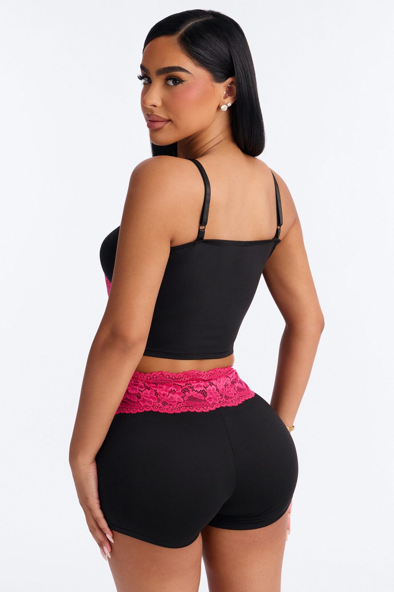 All With Me Floral Lace Trim 2 Piece PJ Set - Black/Pink