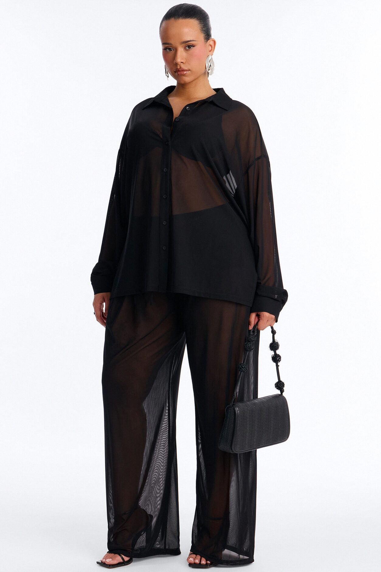 Staying In Mesh Collard Long Sleeve Shirt - Black