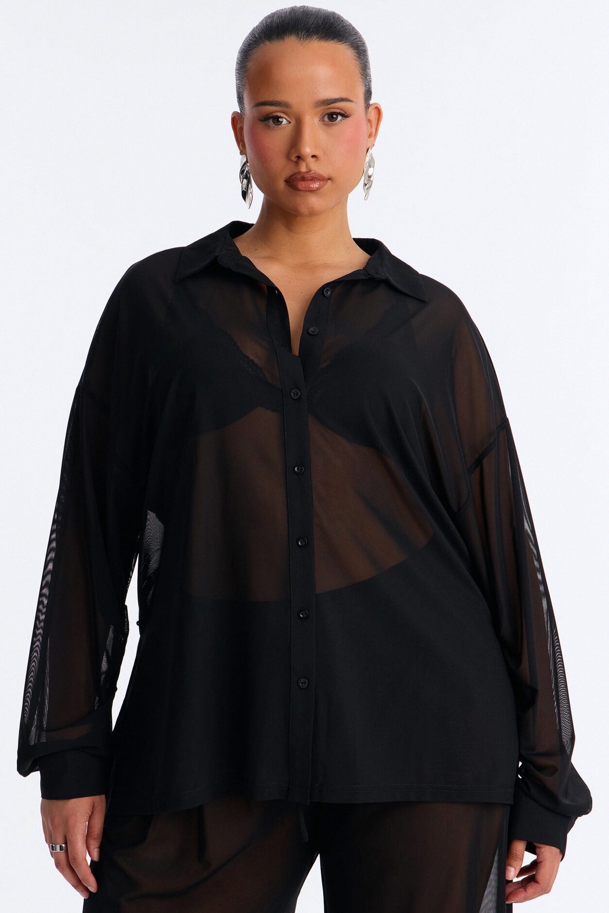 Staying In Mesh Collard Long Sleeve Shirt - Black