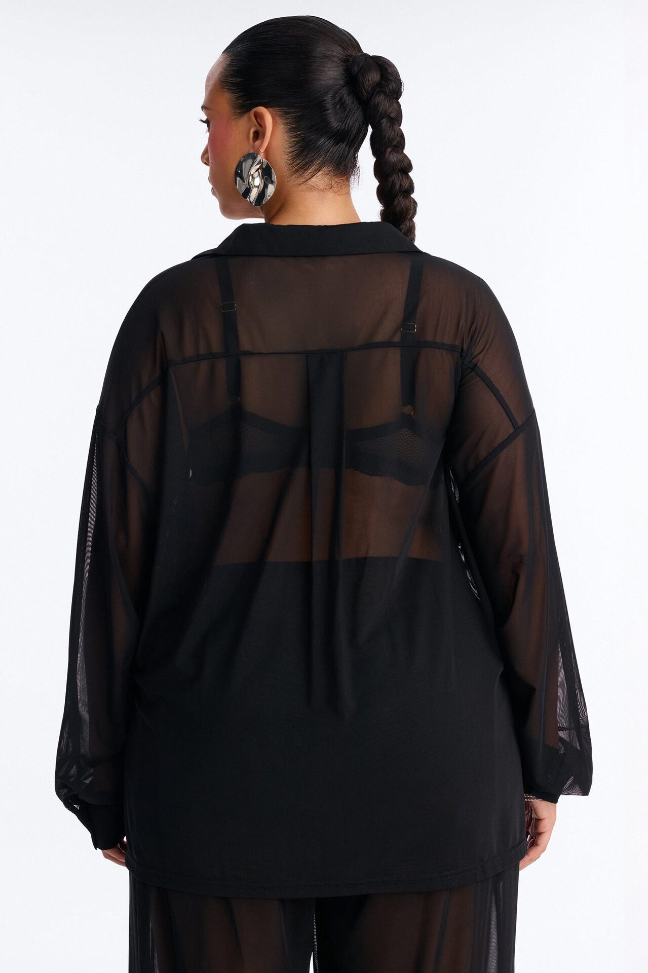 Staying In Mesh Collard Long Sleeve Shirt - Black