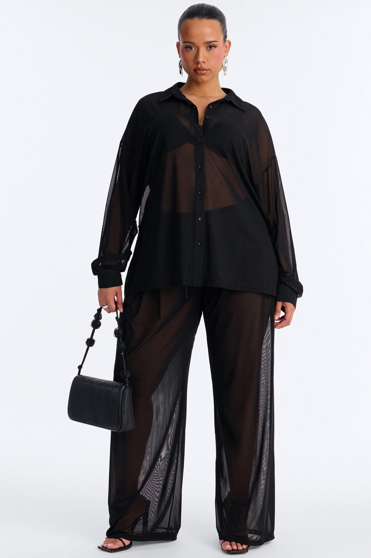 Staying In Mesh Pleated Wide Leg Pant - Black