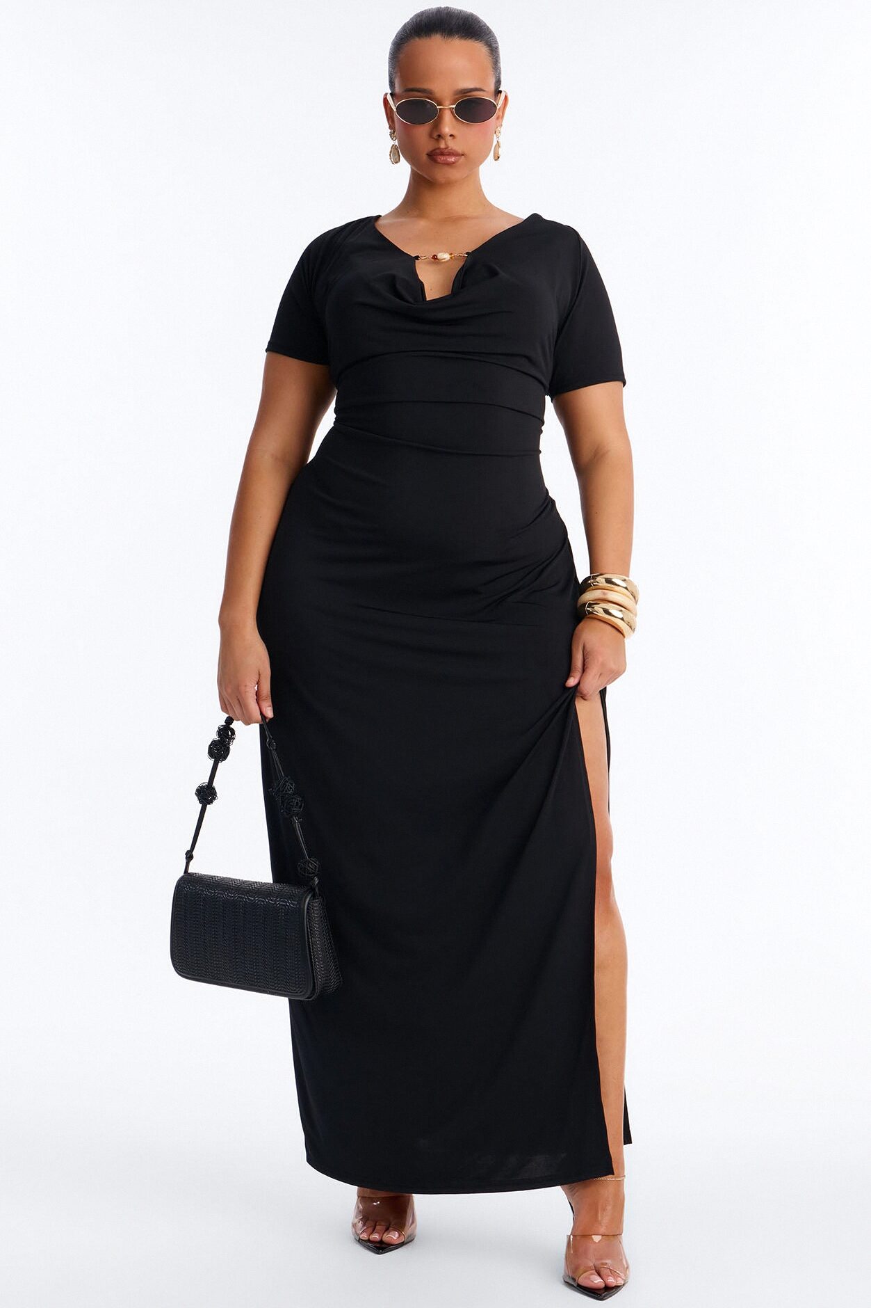 Angelica Beaded Cowl Neck Maxi Dress - Black