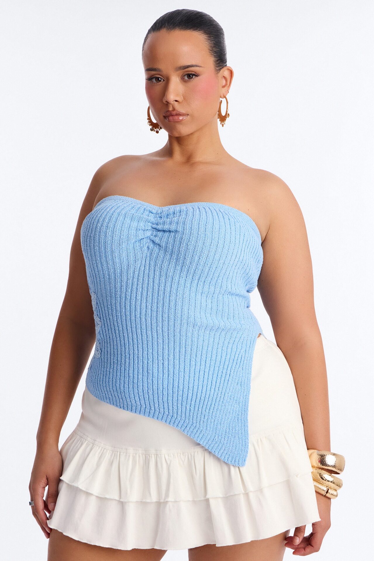 Amelia Asymmetric Strapless Sweater Top - Blue