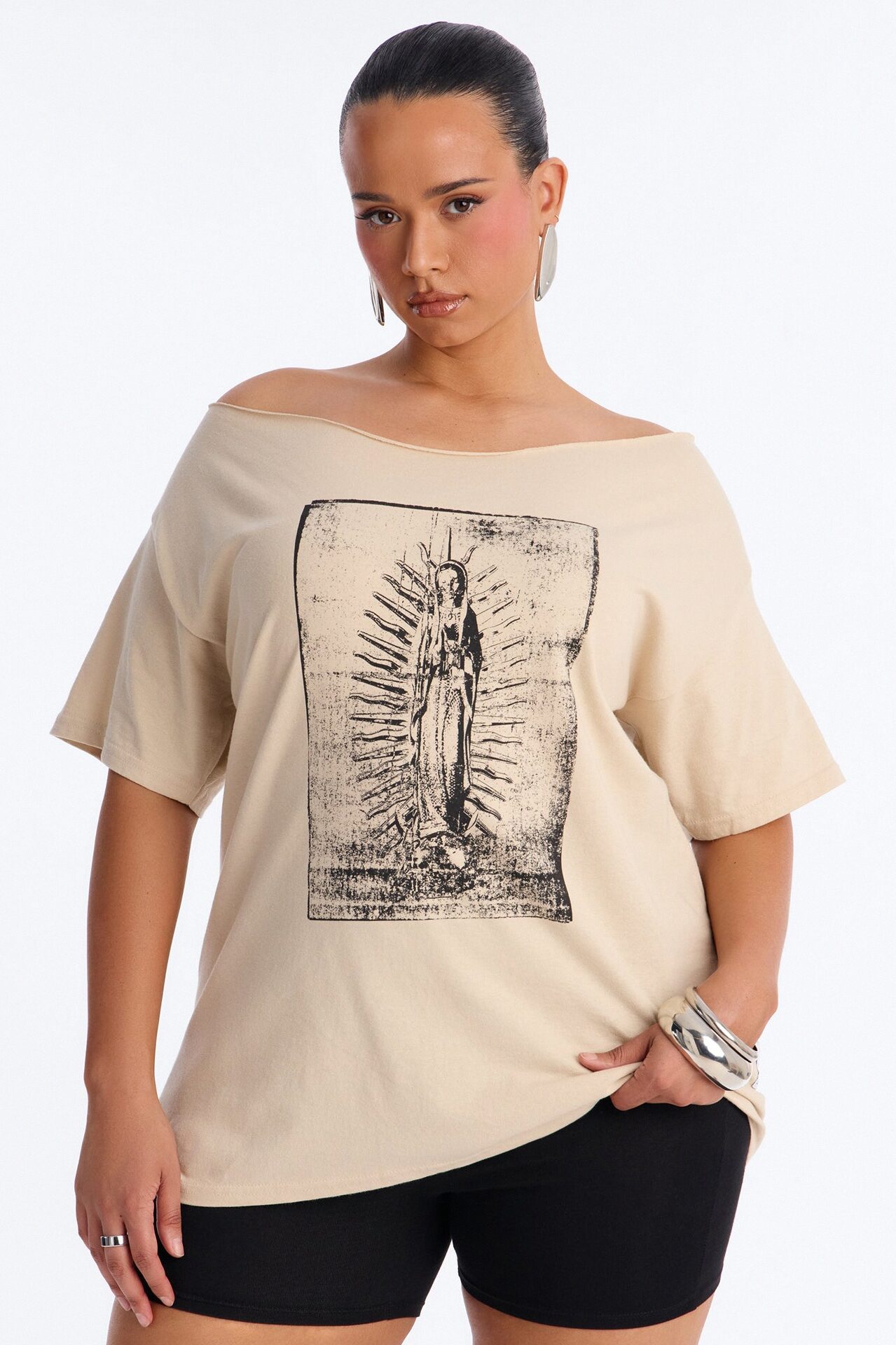 La Familia Forever Virgin Mary Off Shoulder Top - Sand