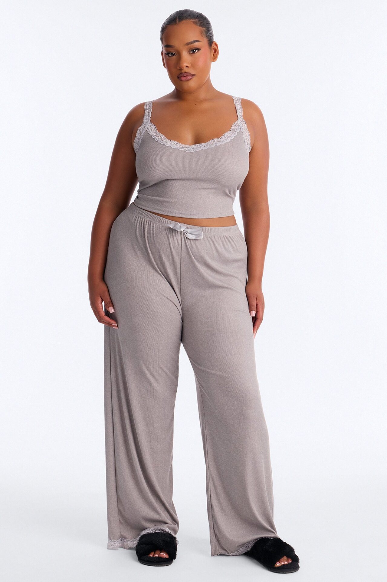 Sleep Late Ribbed PJ Pant Set - Heather Grey