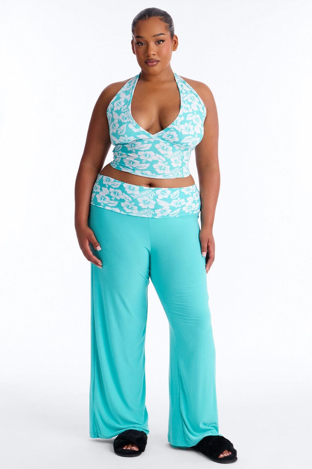 Tropical Beauty Foldover PJ Pant Set - Turquoise/combo
