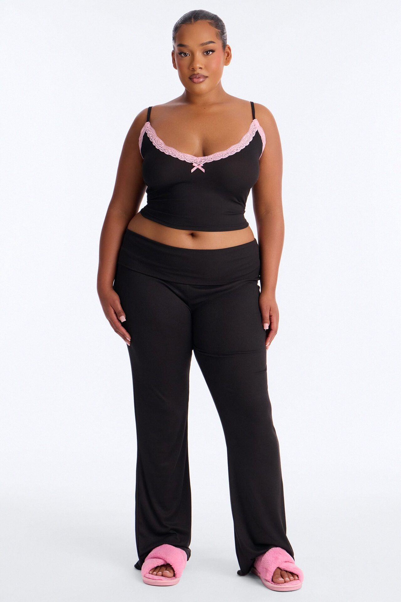 Falling For You Foldover PJ Pant Set - Black/Pink