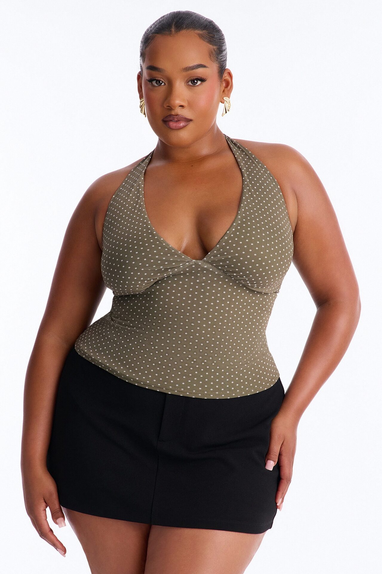 Chloe Mesh Polka Dot Halter Top - Olive/combo
