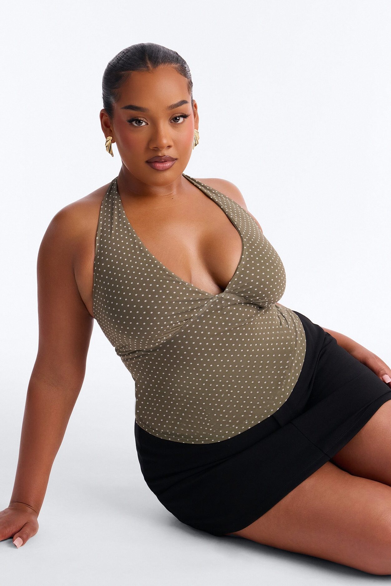 Chloe Mesh Polka Dot Halter Top - Olive/combo