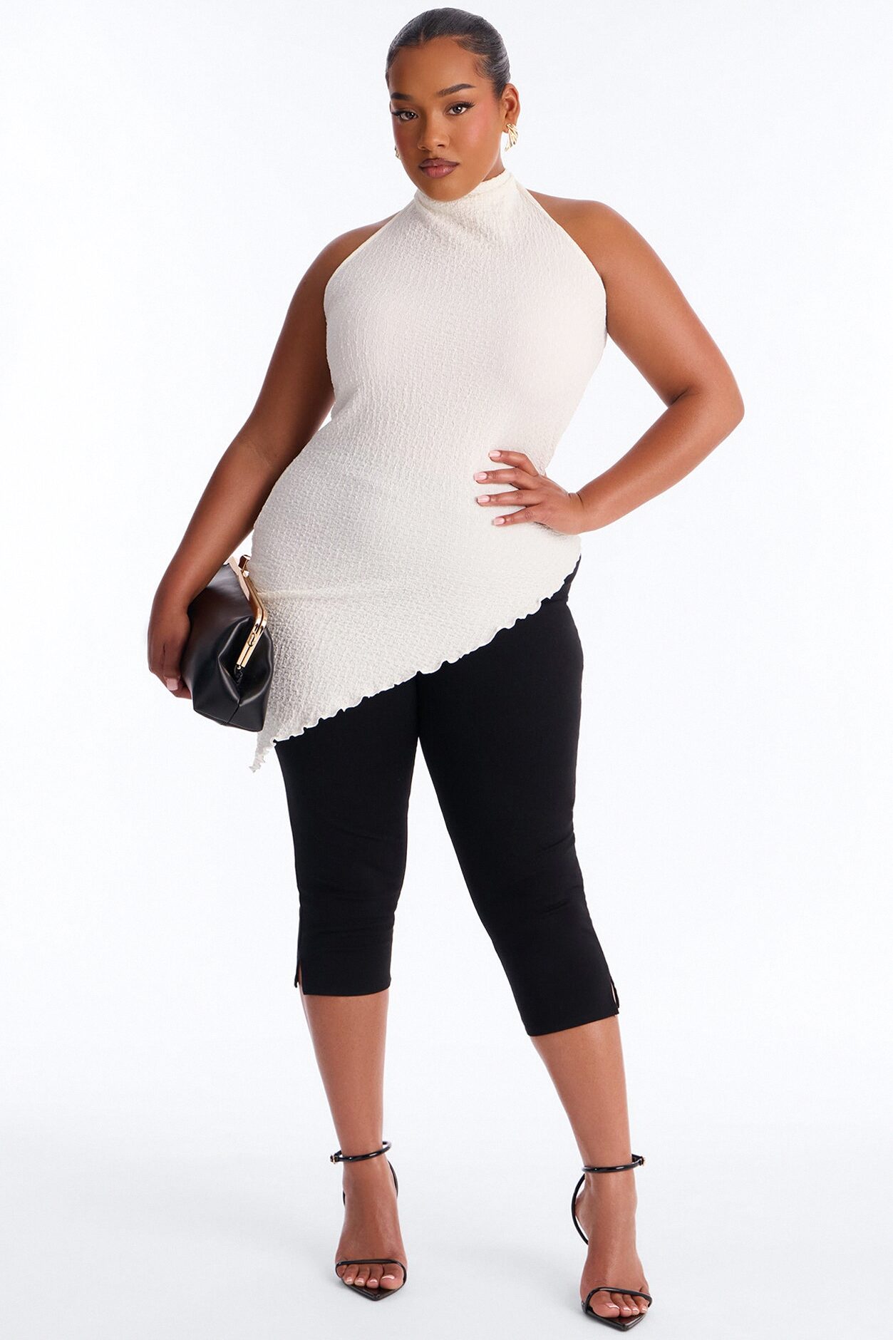 Barbados Textured Asymmetrical Halter Mock Neck Top - Ivory