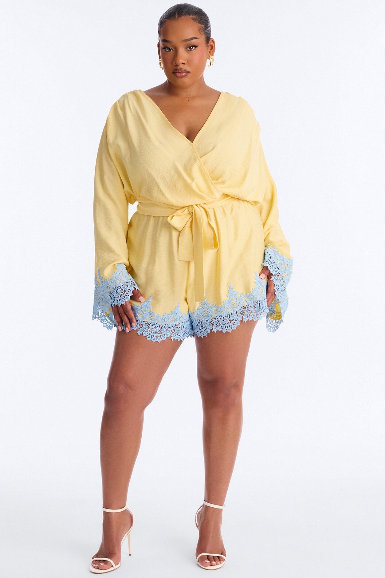 Cherie Lace Trim Tie Waist Romper - Butter Yellow