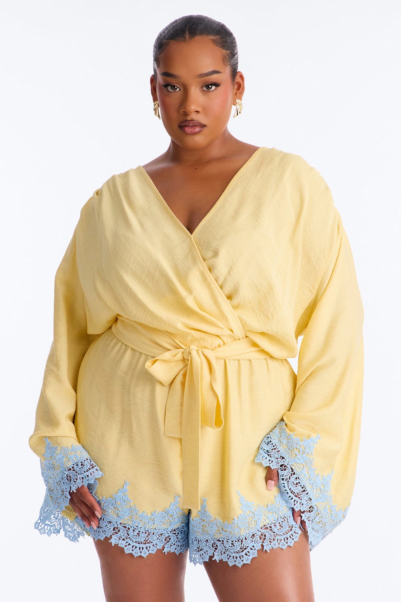 Cherie Lace Trim Tie Waist Romper - Butter Yellow