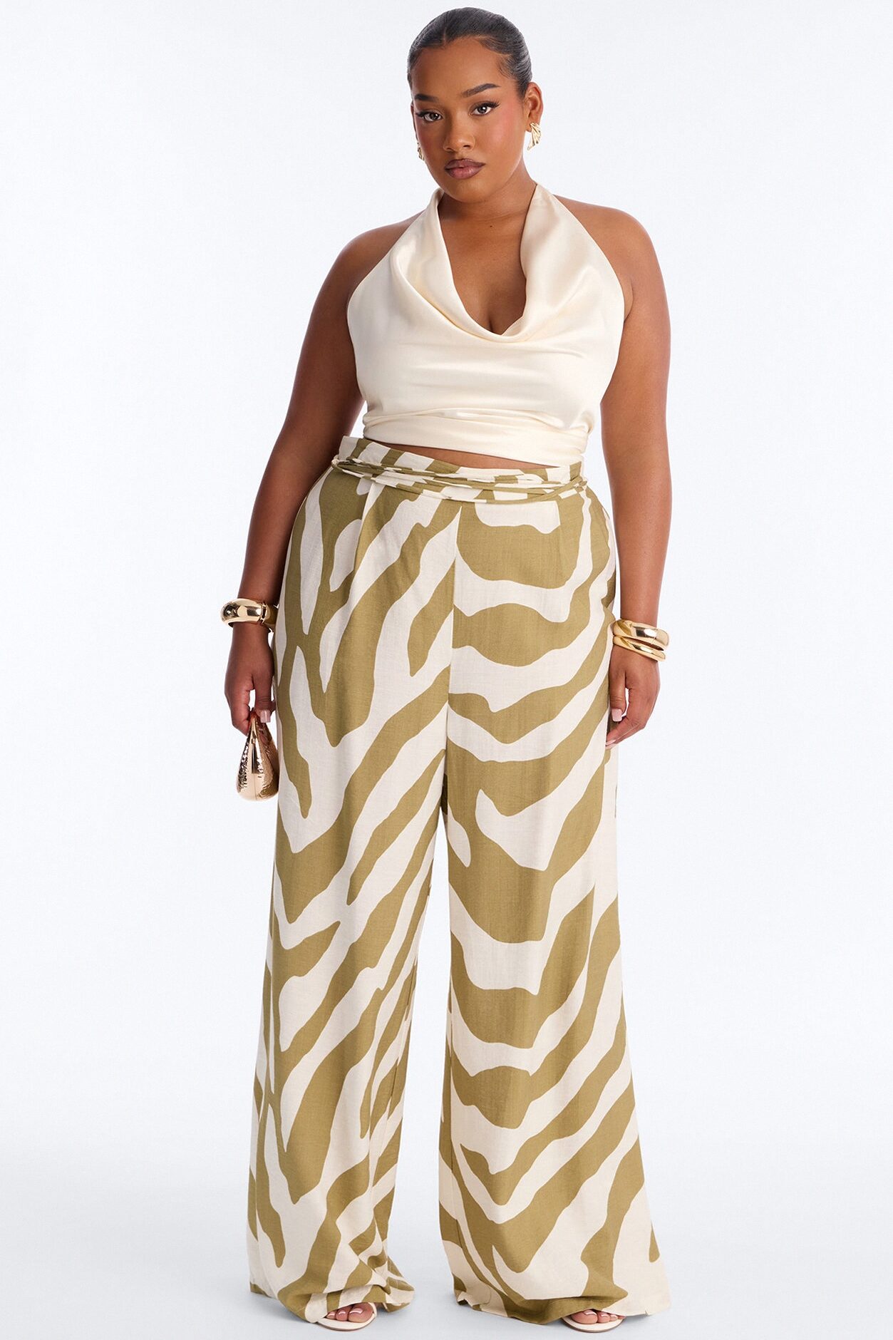 Belle High Waisted Belted Wide Leg Pant - Green/combo