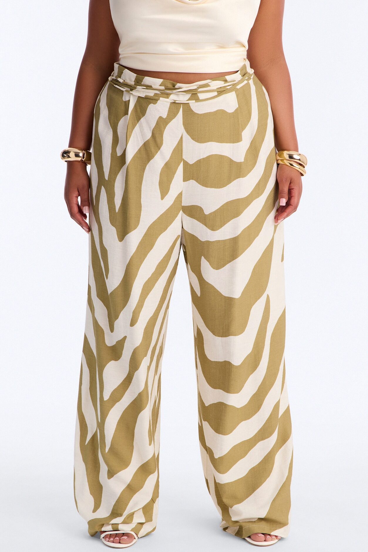 Belle High Waisted Belted Wide Leg Pant - Green/combo