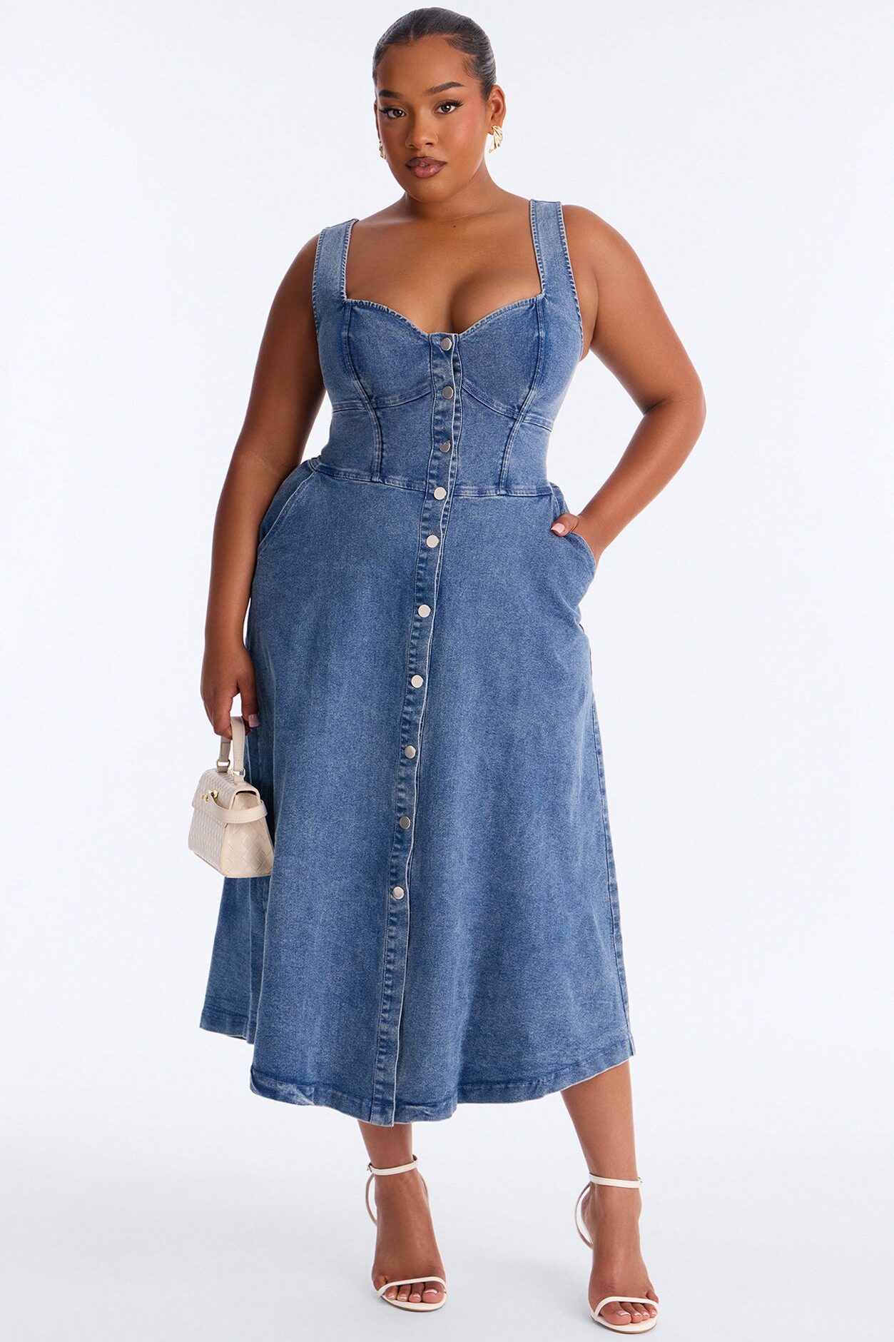 Cara Button Up Denim Midi Dress - Denim