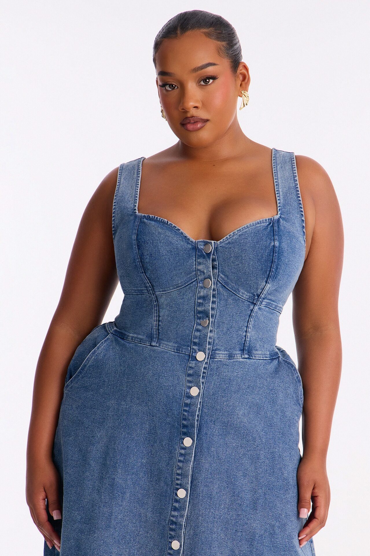 Cara Button Up Denim Midi Dress - Denim