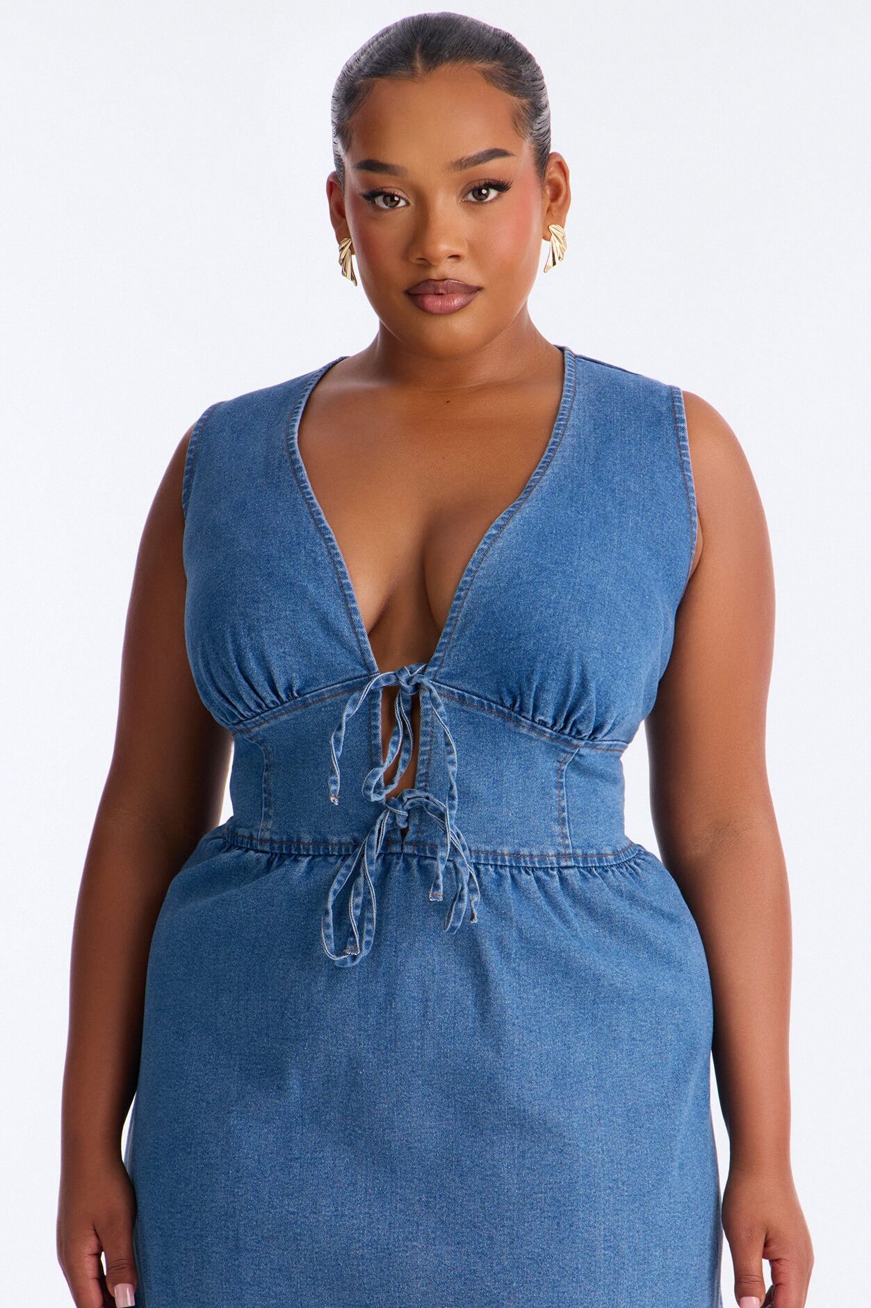 Rory Pleated Denim Midi Dress - Medium Wash