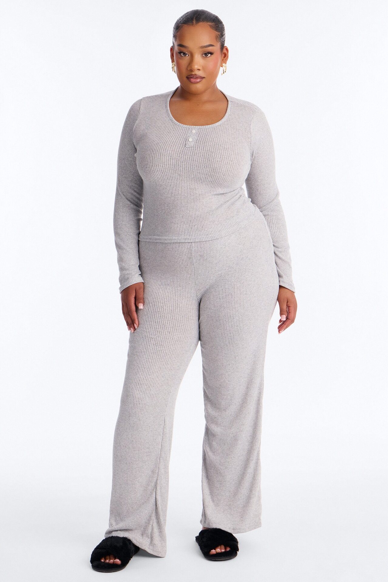 Slumber Haven Ribbed Long Sleeve PJ Pant Set - Heather Grey