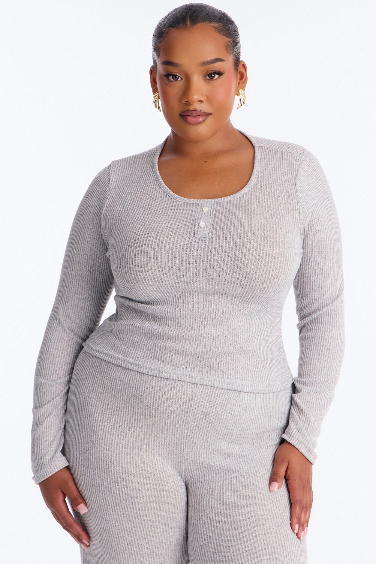 Slumber Haven Ribbed Long Sleeve PJ Pant Set - Heather Grey