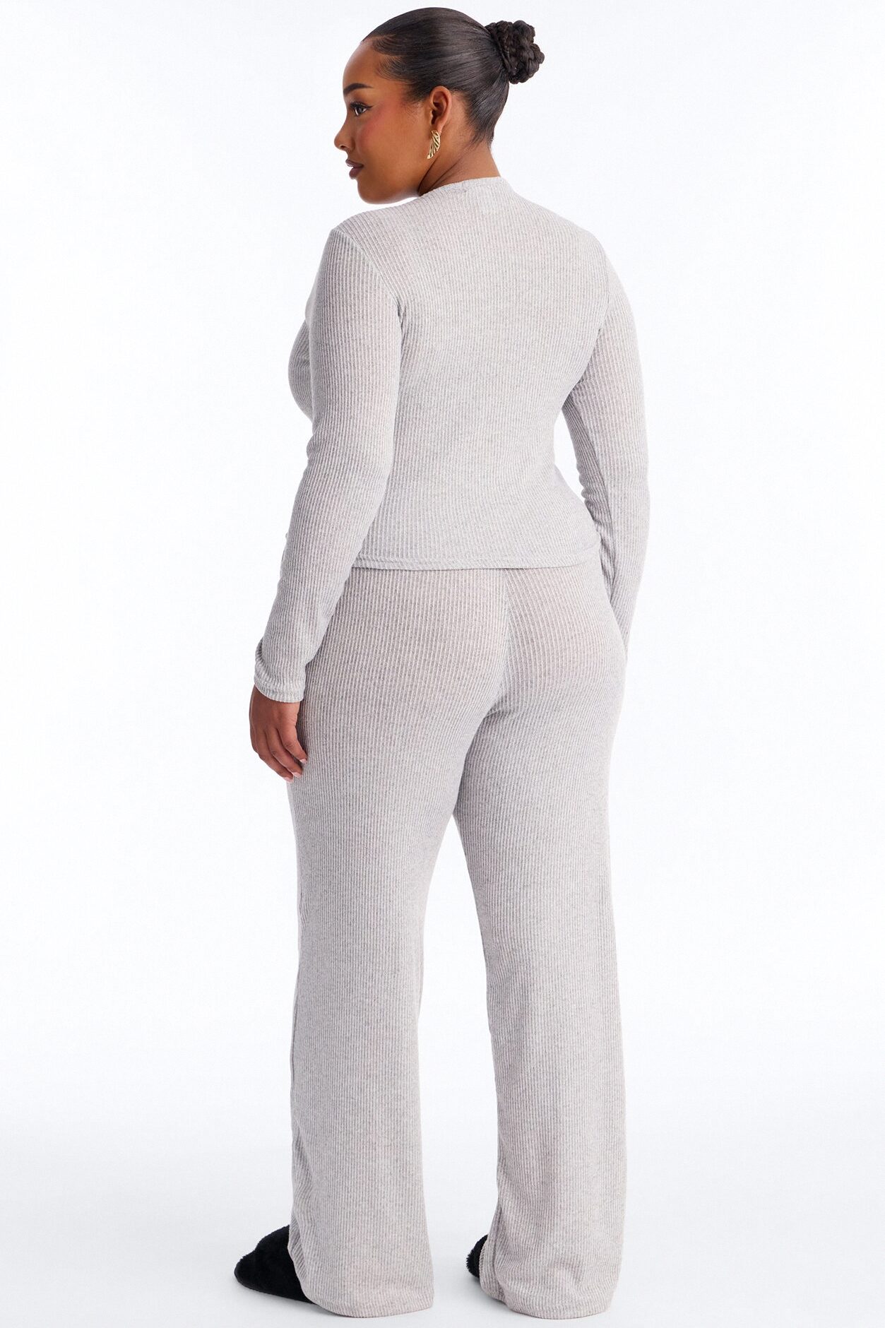 Slumber Haven Ribbed Long Sleeve PJ Pant Set - Heather Grey