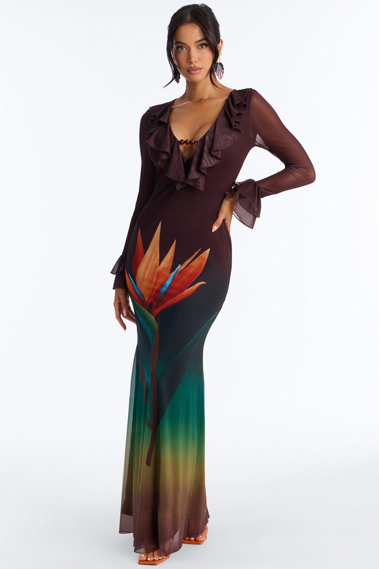 Erica Ruffle Mesh Maxi Dress - Brown/combo
