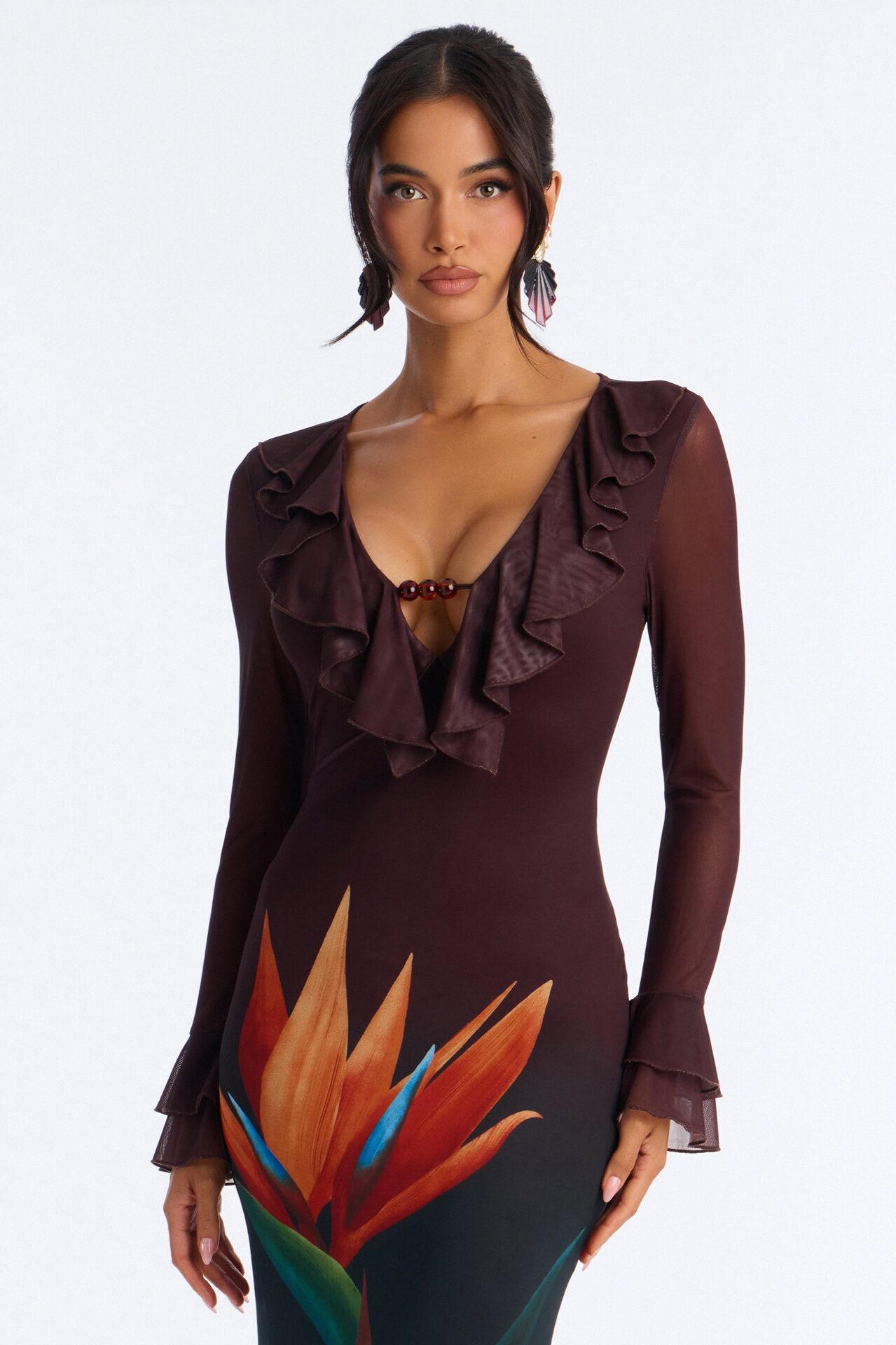 Erica Ruffle Mesh Maxi Dress - Brown/combo