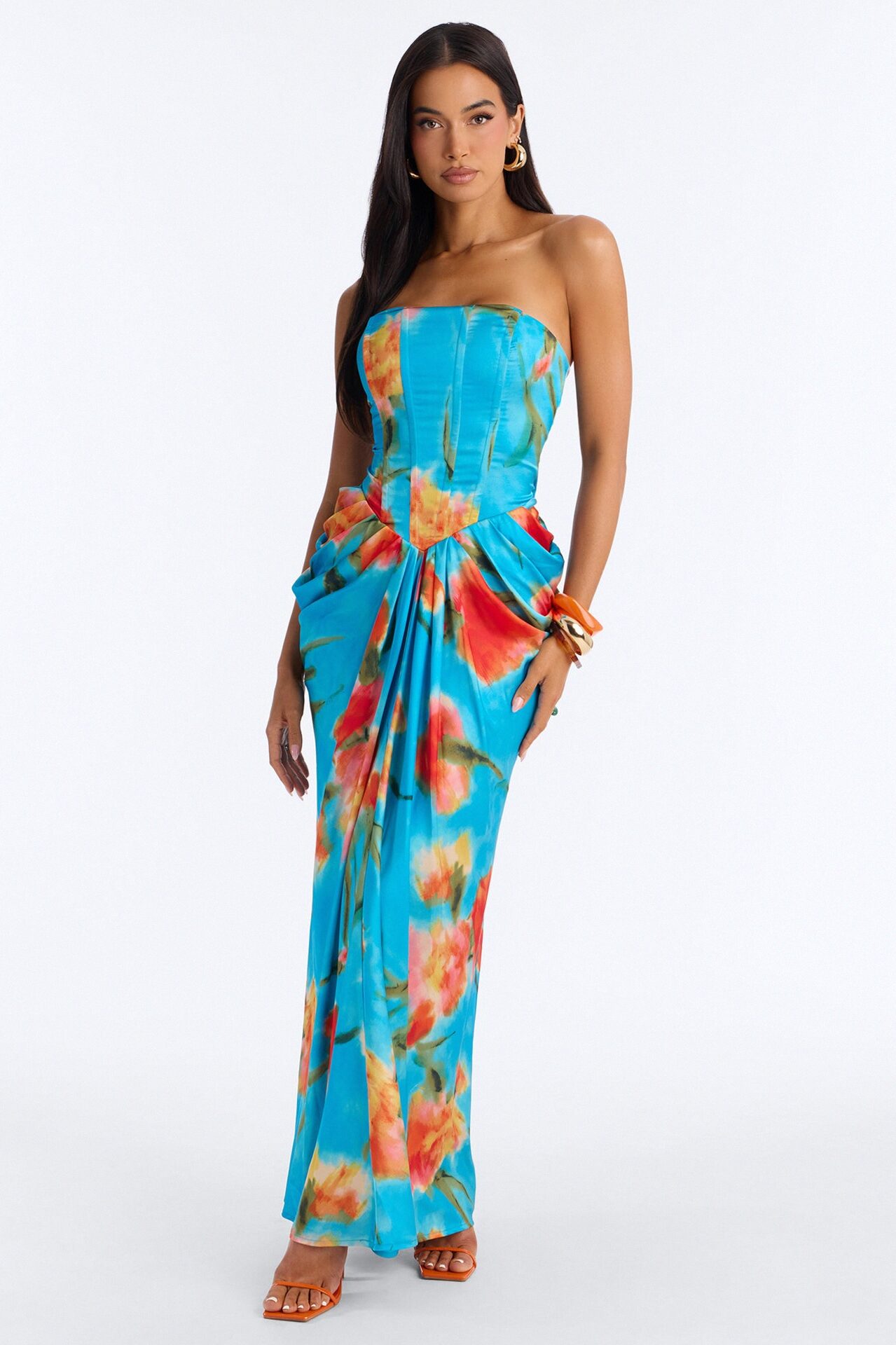 Nylah Corset Tie Dye Satin Maxi Dress - Blue/combo