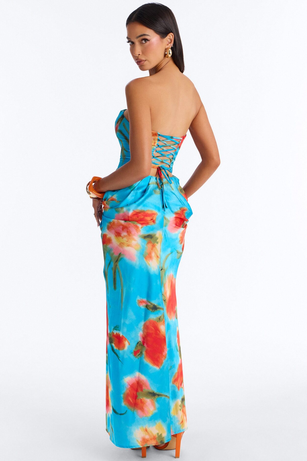 Nylah Corset Tie Dye Satin Maxi Dress - Blue/combo
