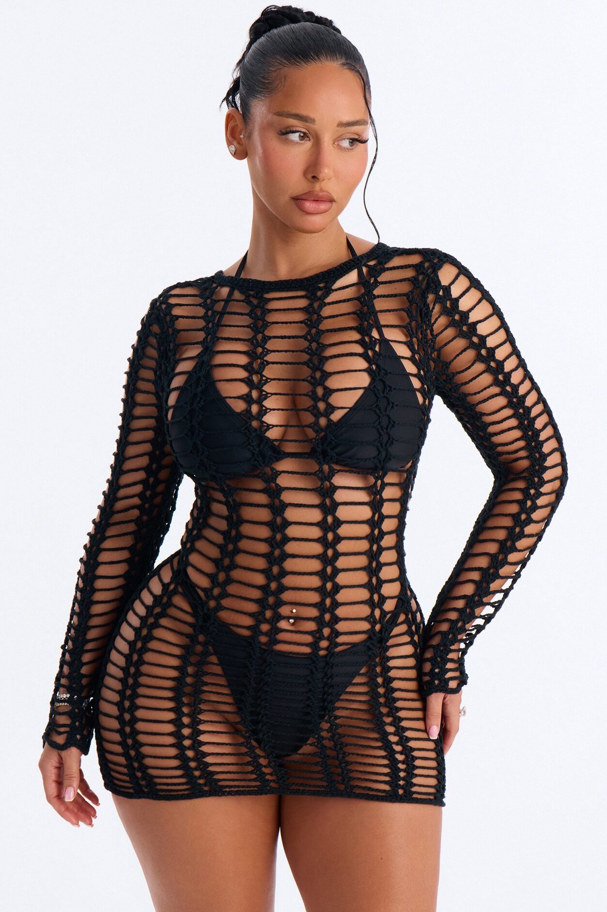 Beach Bound Crochet Long Sleeve Mini Cover Up Dress - Black