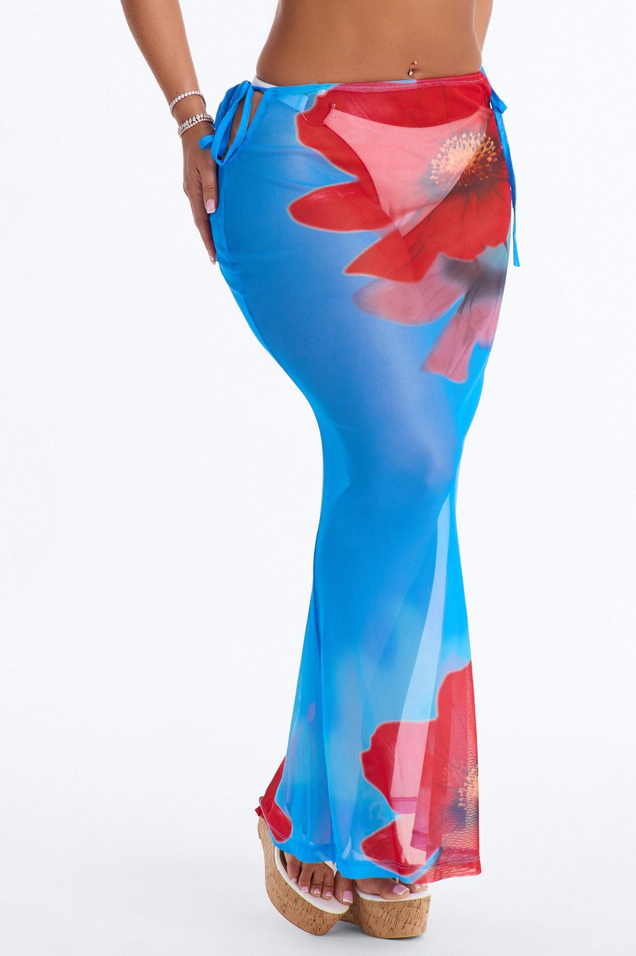 Blue Lagoon Floral Mesh Cover Up Skirt - Blue/combo