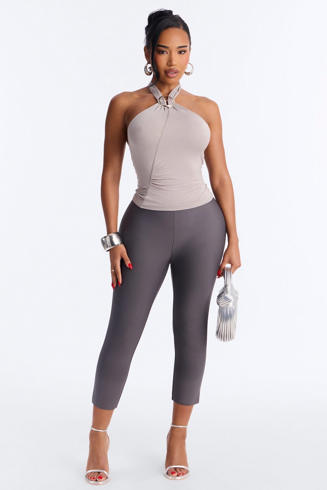 Izzie Hardware Ruched Halter Top - Grey