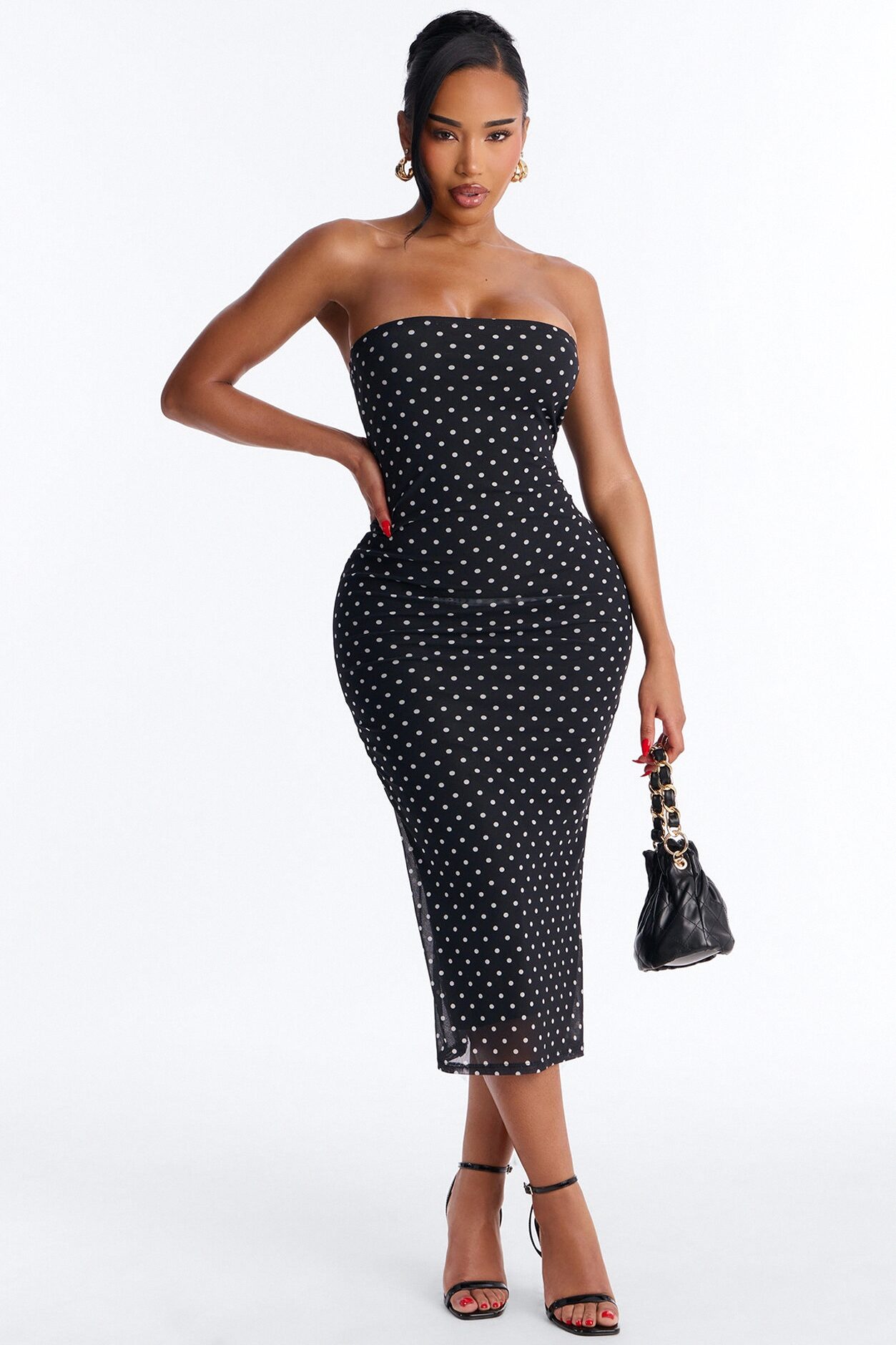 Elara Printed Mesh Midi Dress - Black/White