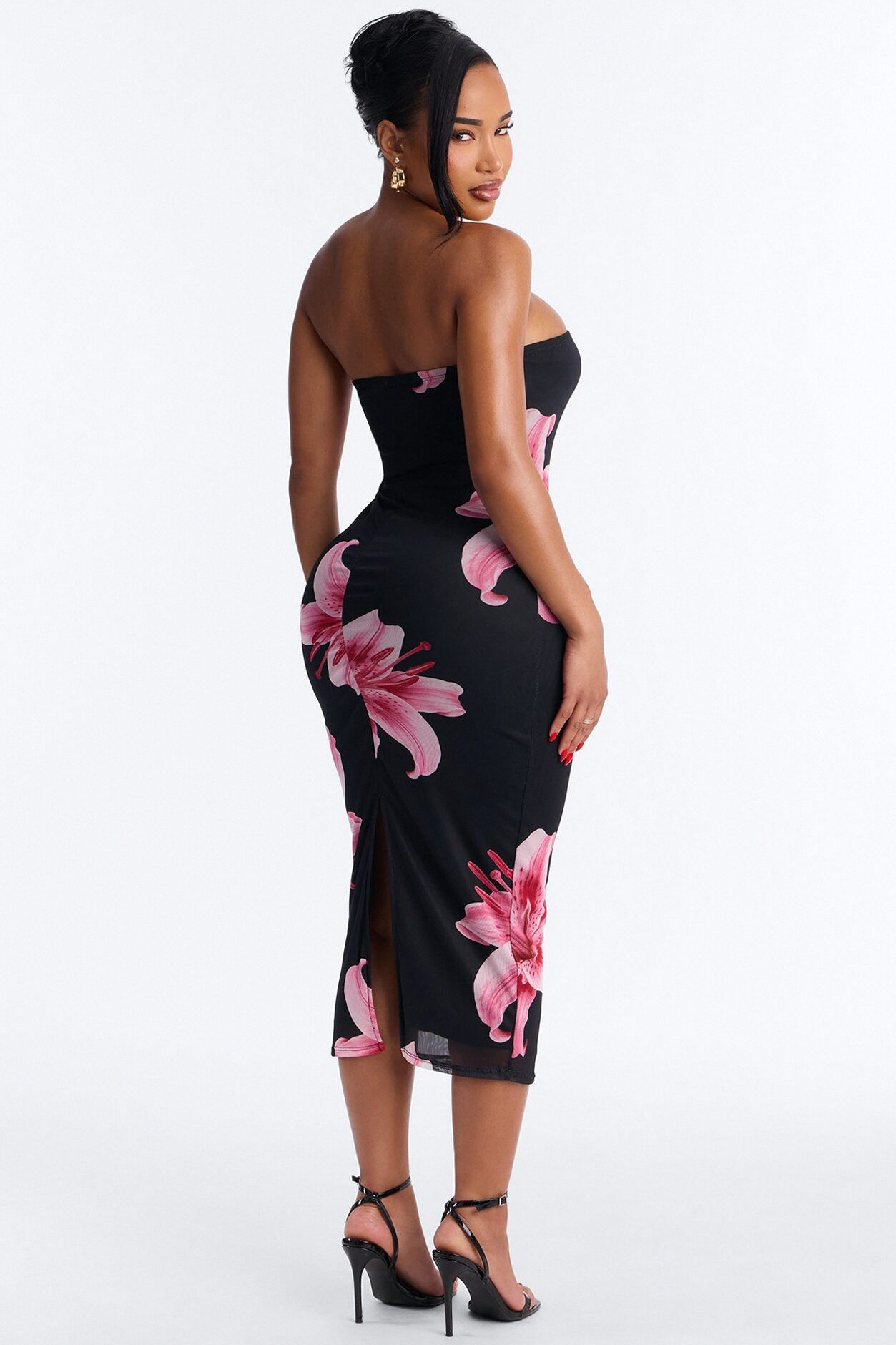 Elara Printed Mesh Midi Dress - Black/Pink
