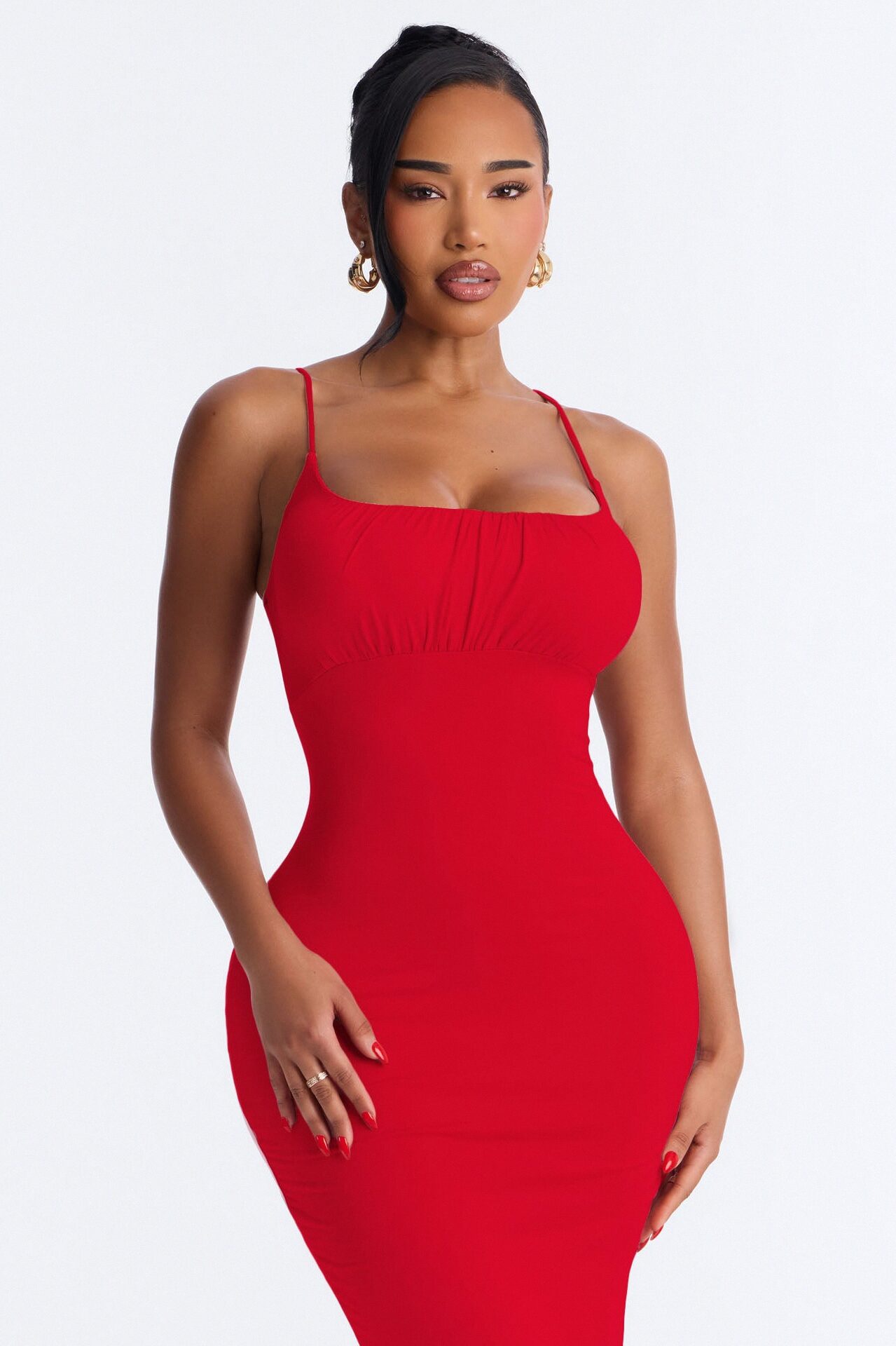 Alessia Ruched Midi Dress - Red