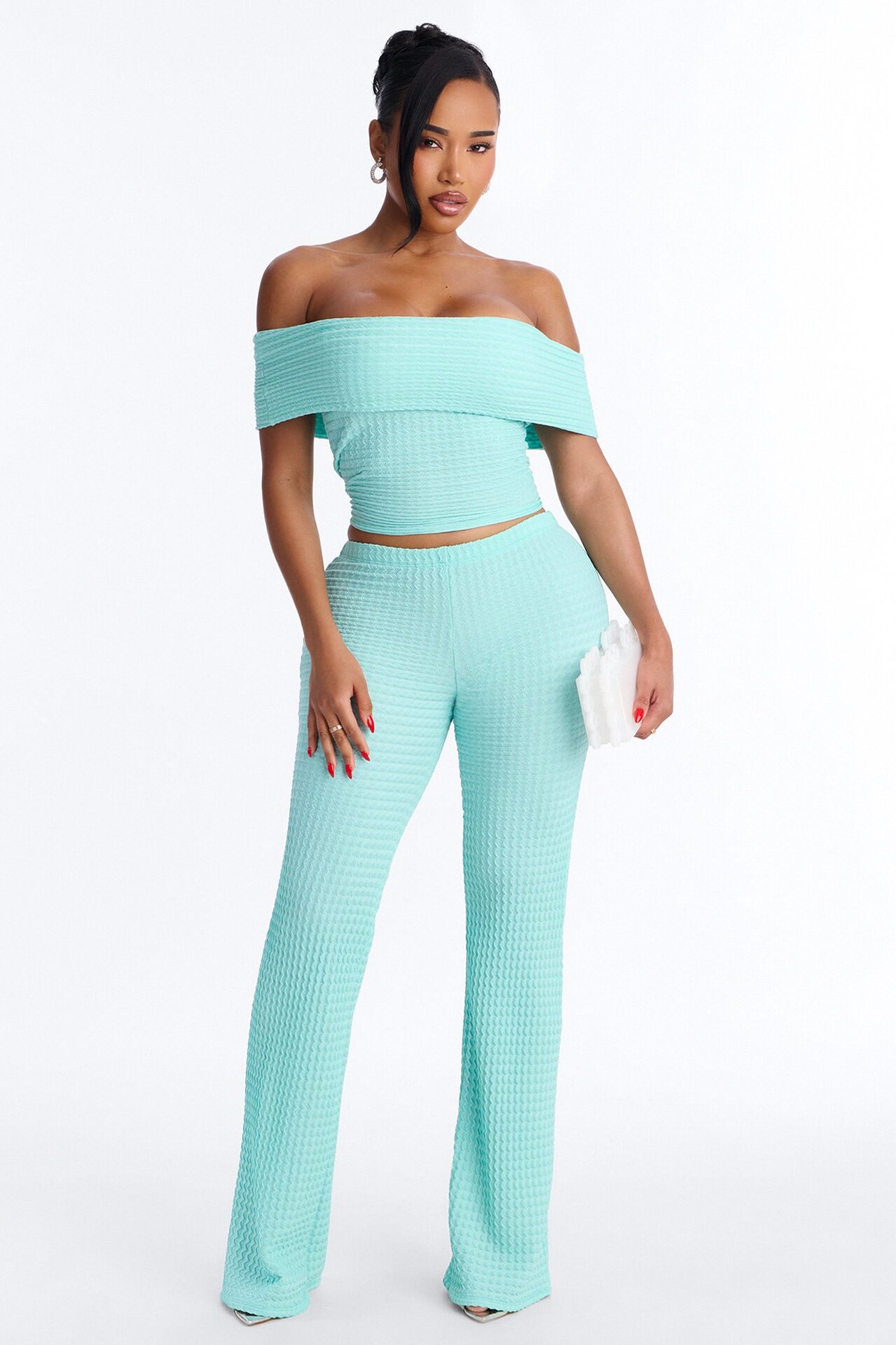 Nicole Textured Off Shoulder Pant Set - Aqua