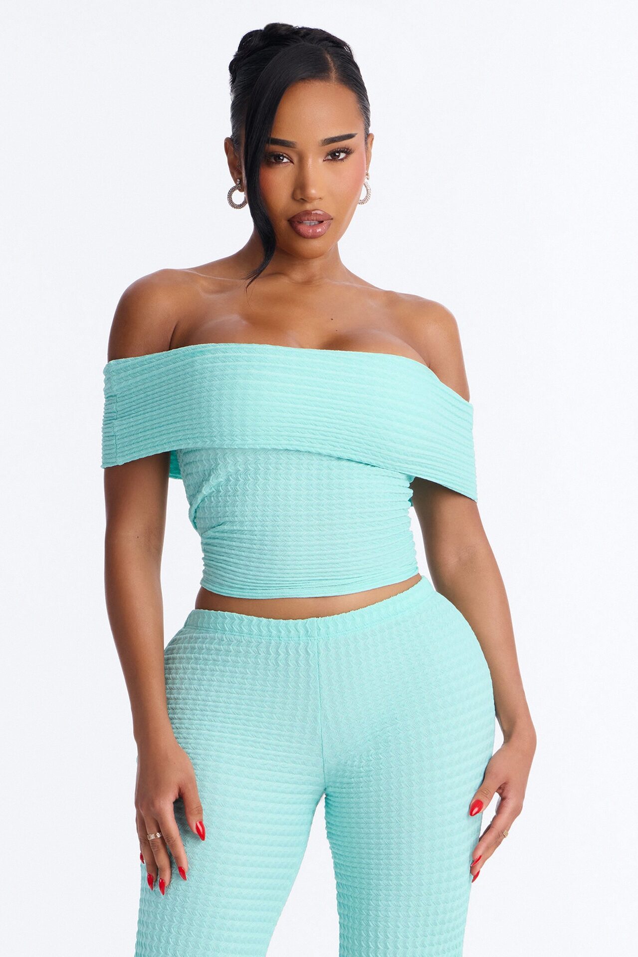 Nicole Textured Off Shoulder Pant Set - Aqua