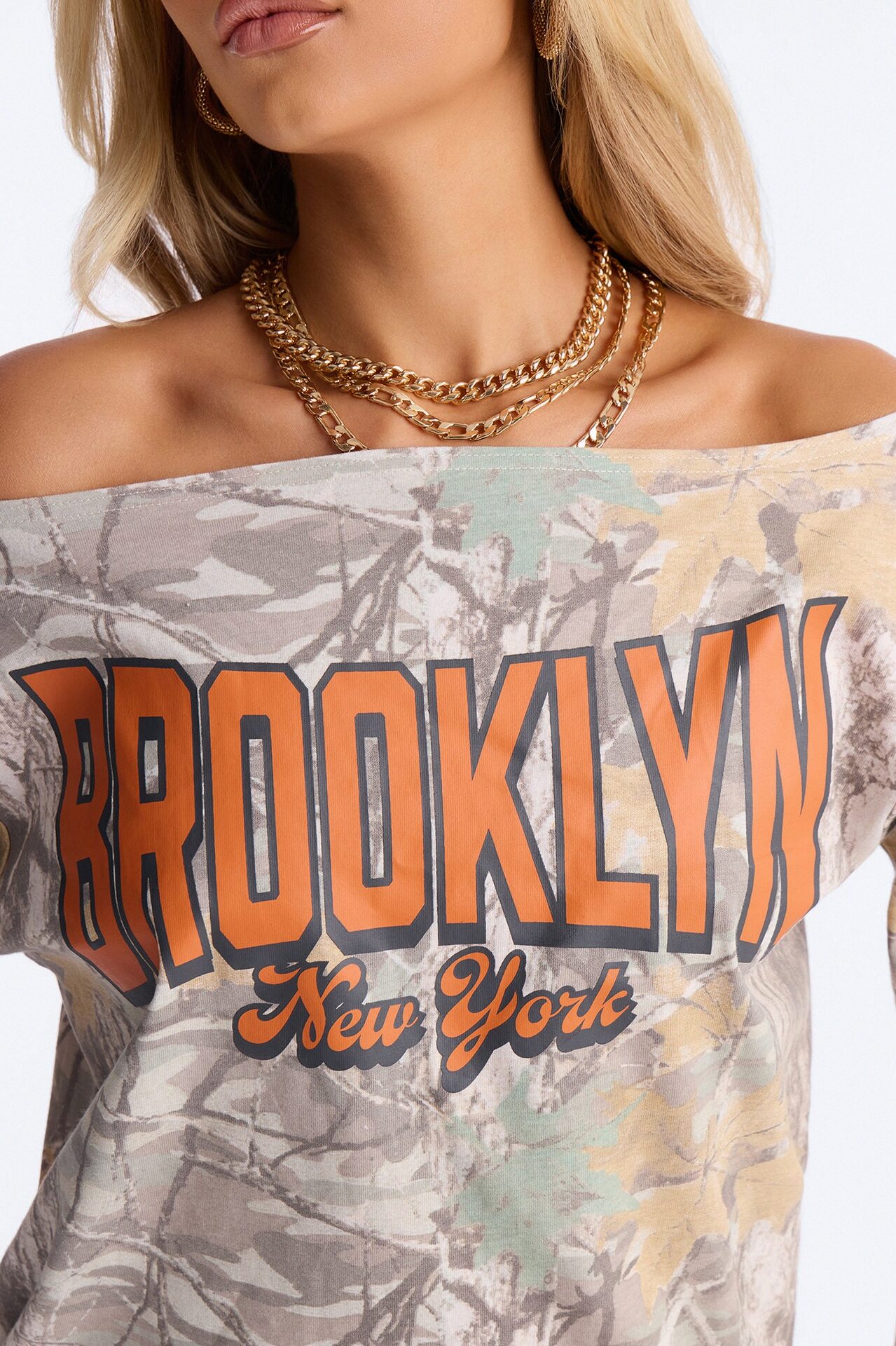 Brooklyn Camo Off Shoulder Tee - Camouflage