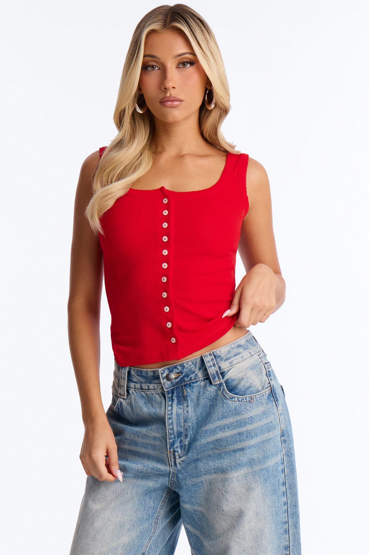 Pointelle Button Front Scoop Neck Tank Top - Red