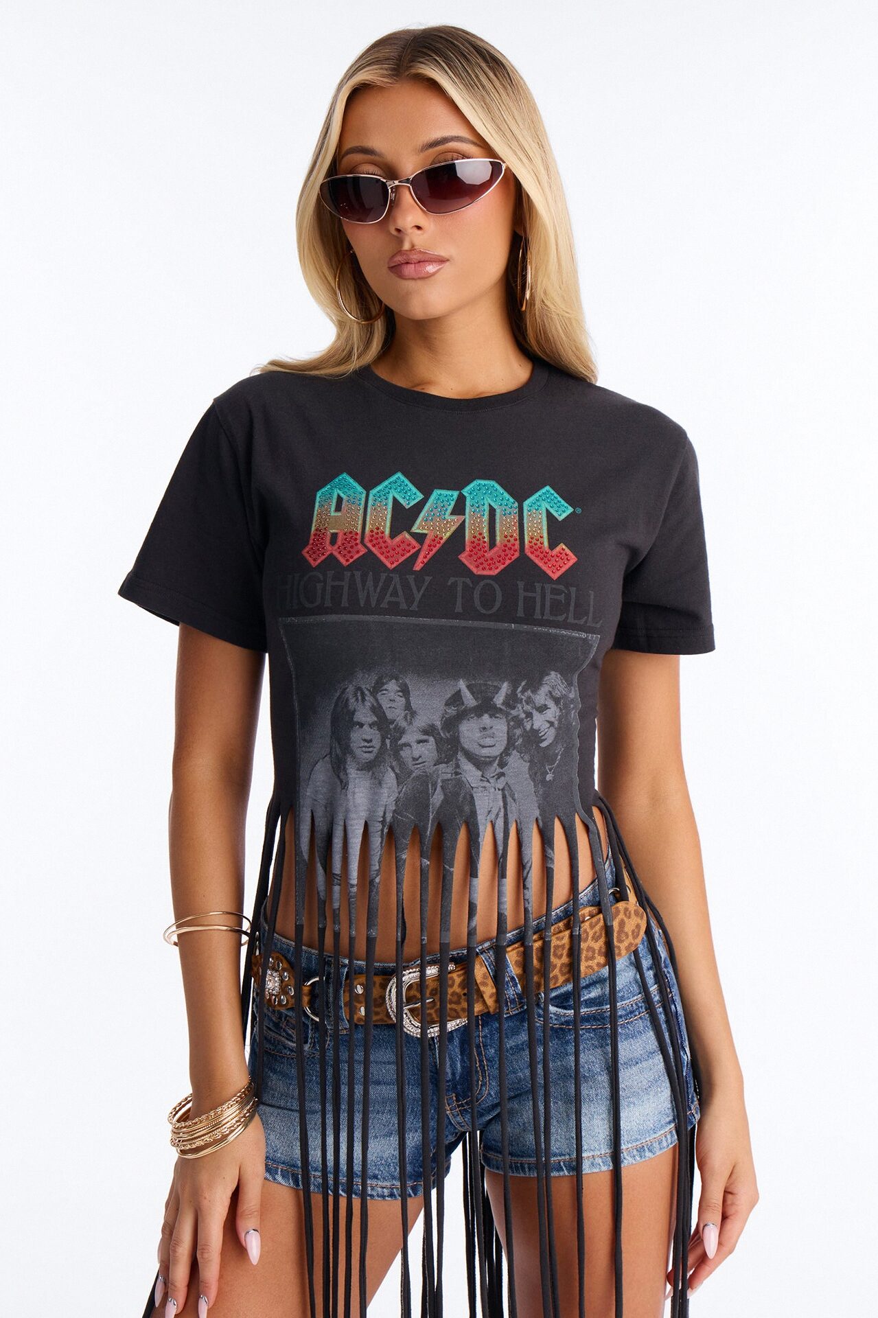 ACDC Highway To Hell Fringe Rhinestone Tee - Black