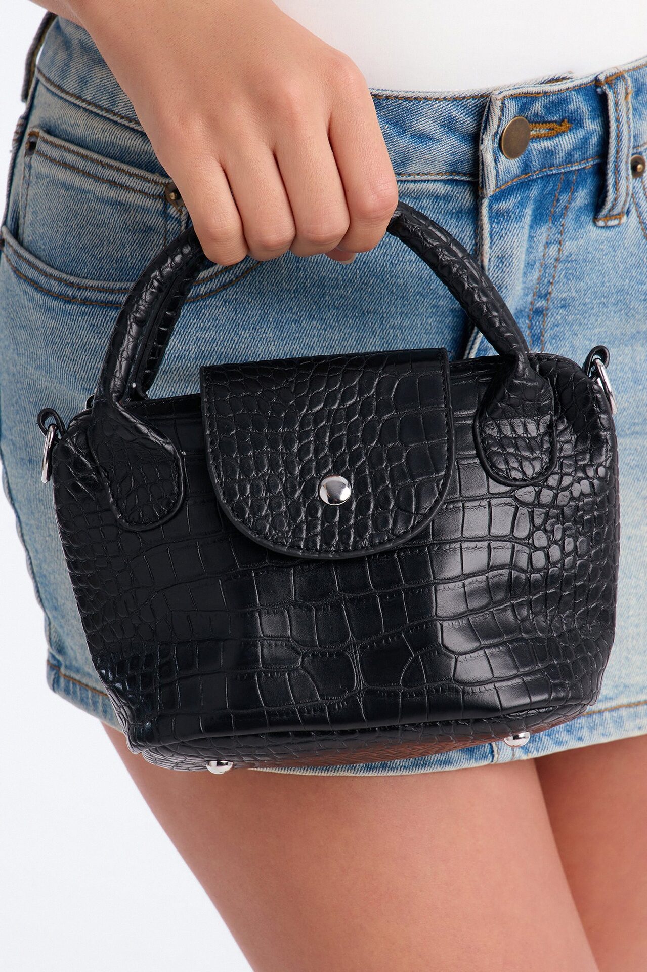 Viper Bite Faux Leather Satchel Handbag - Black