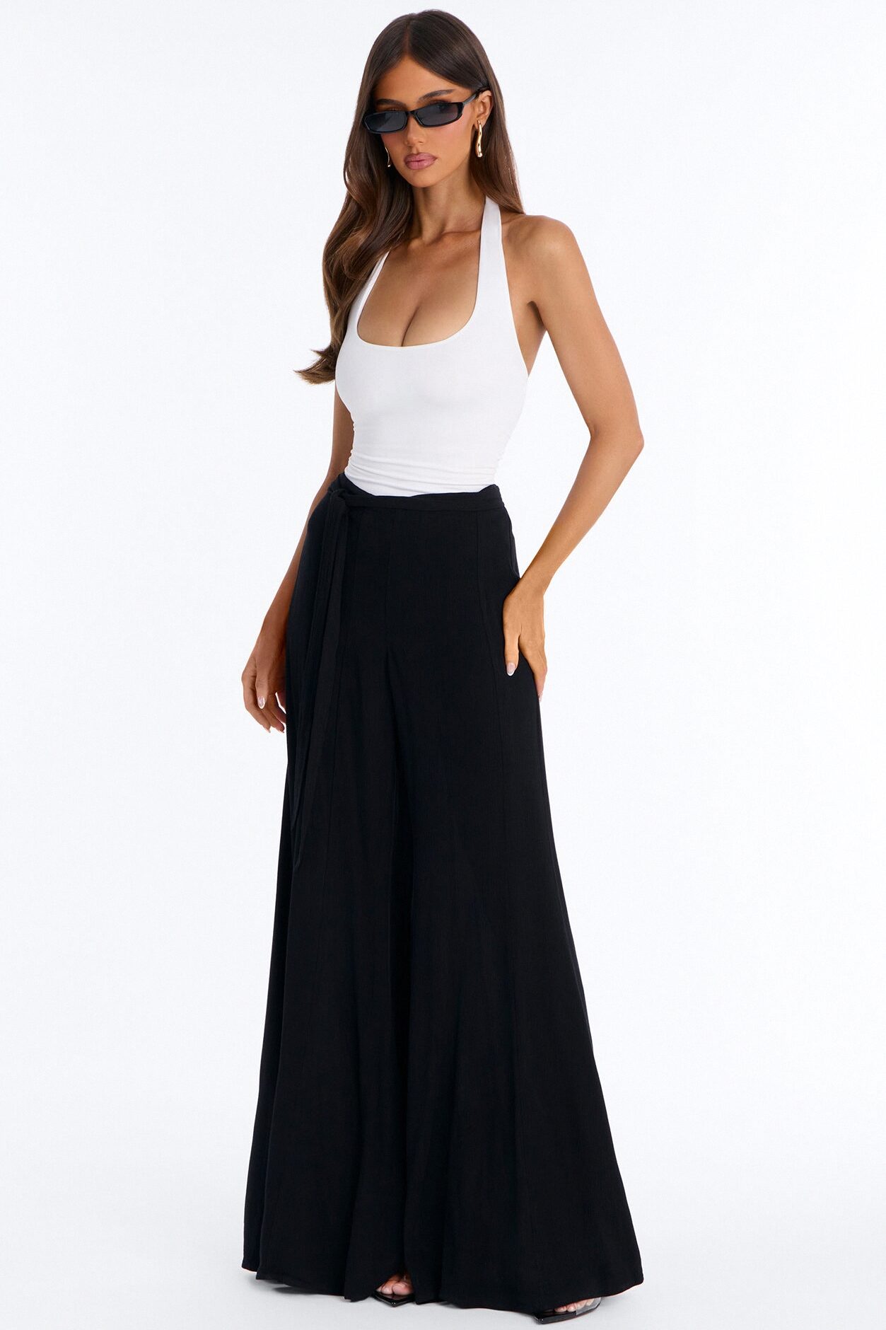 Kelsey Mid Rise Tie Waist Flowy Wide Leg Pant 34″ - Black