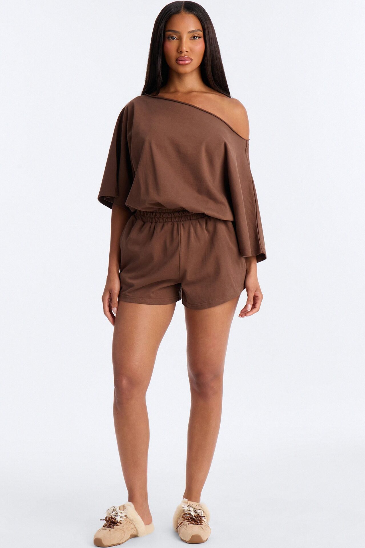 Sunday Dream Cotton Off Shoulder Romper - Chocolate