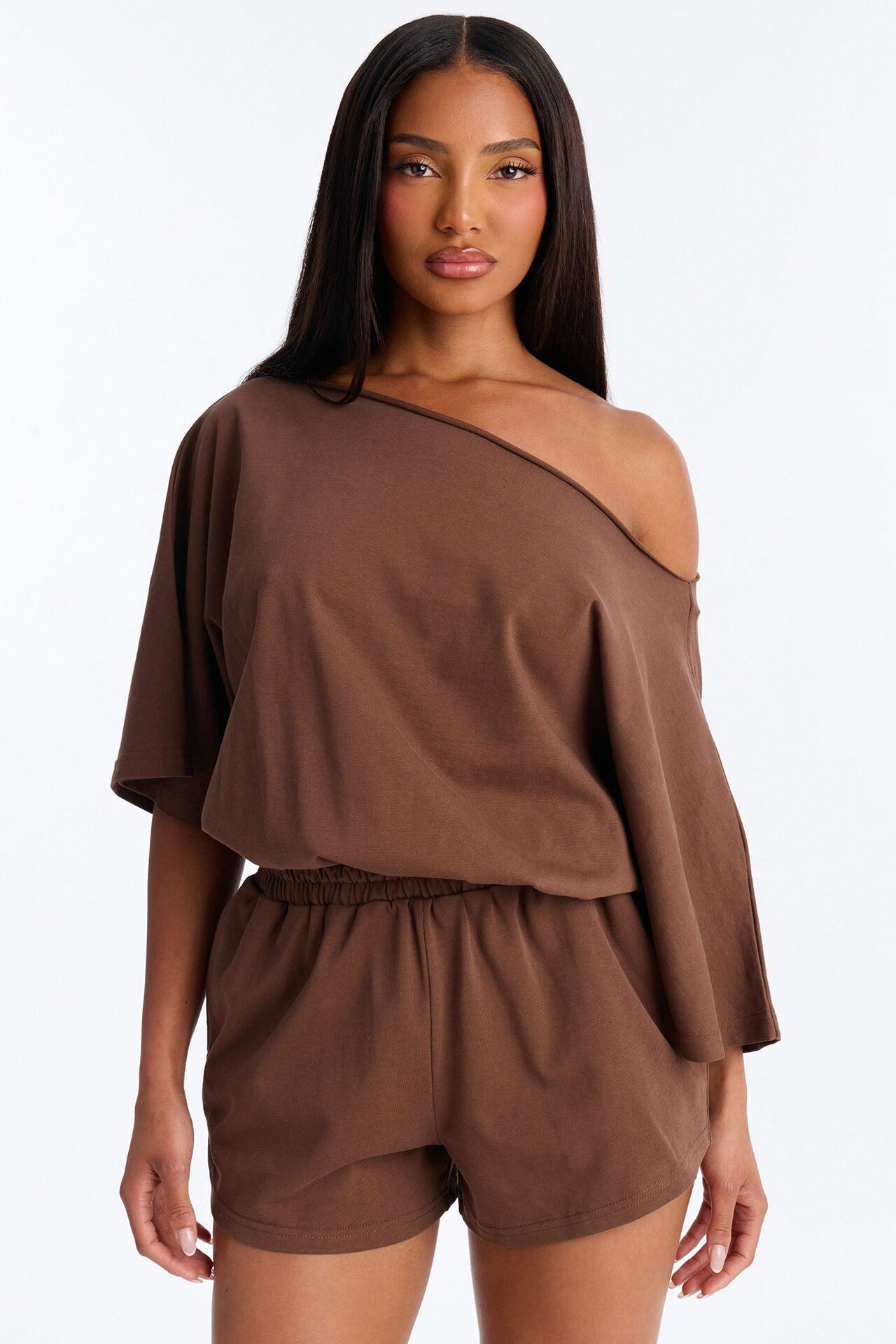 Sunday Dream Cotton Off Shoulder Romper - Chocolate