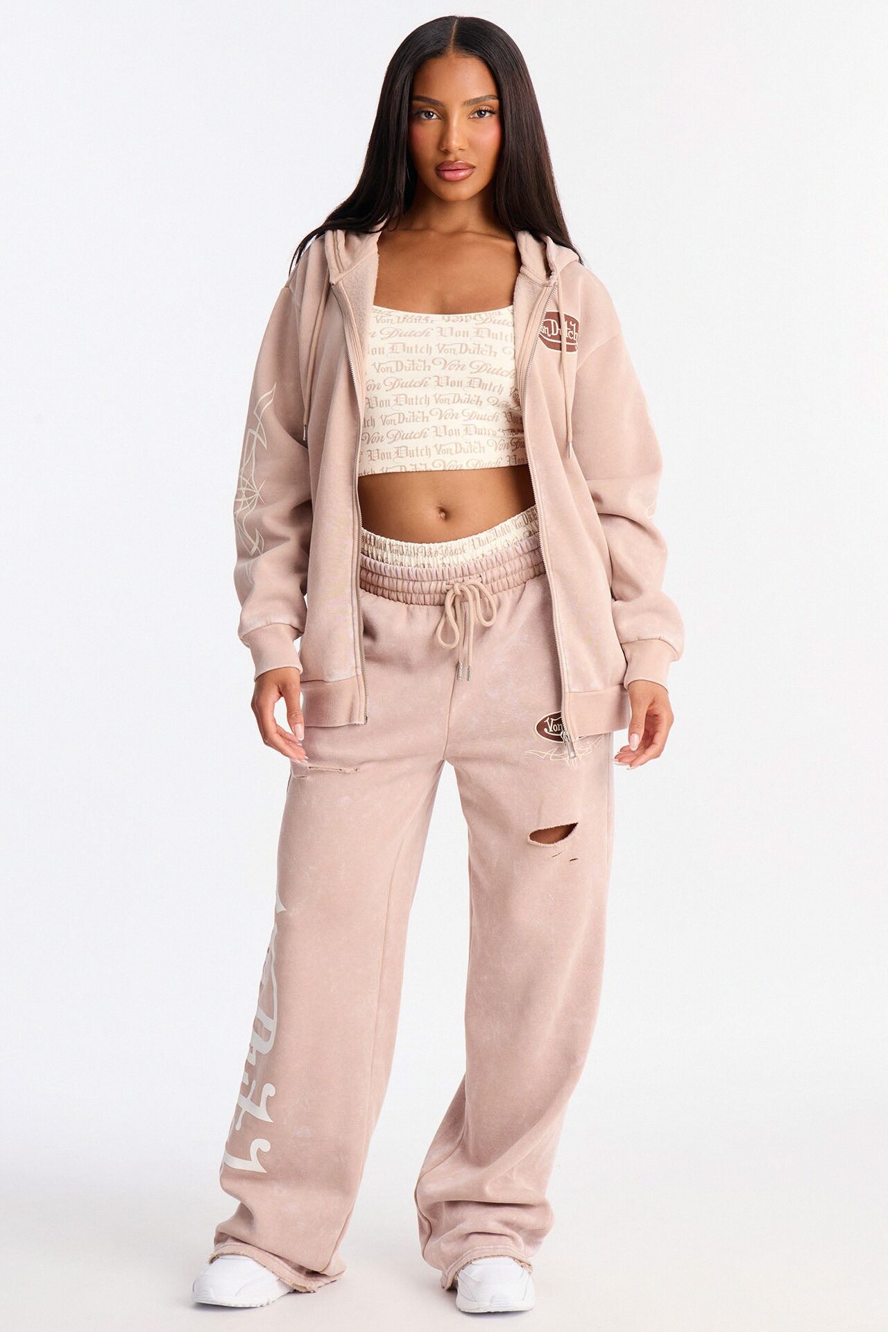 Von Dutch Washed Zip Up Sweatshirt - Taupe