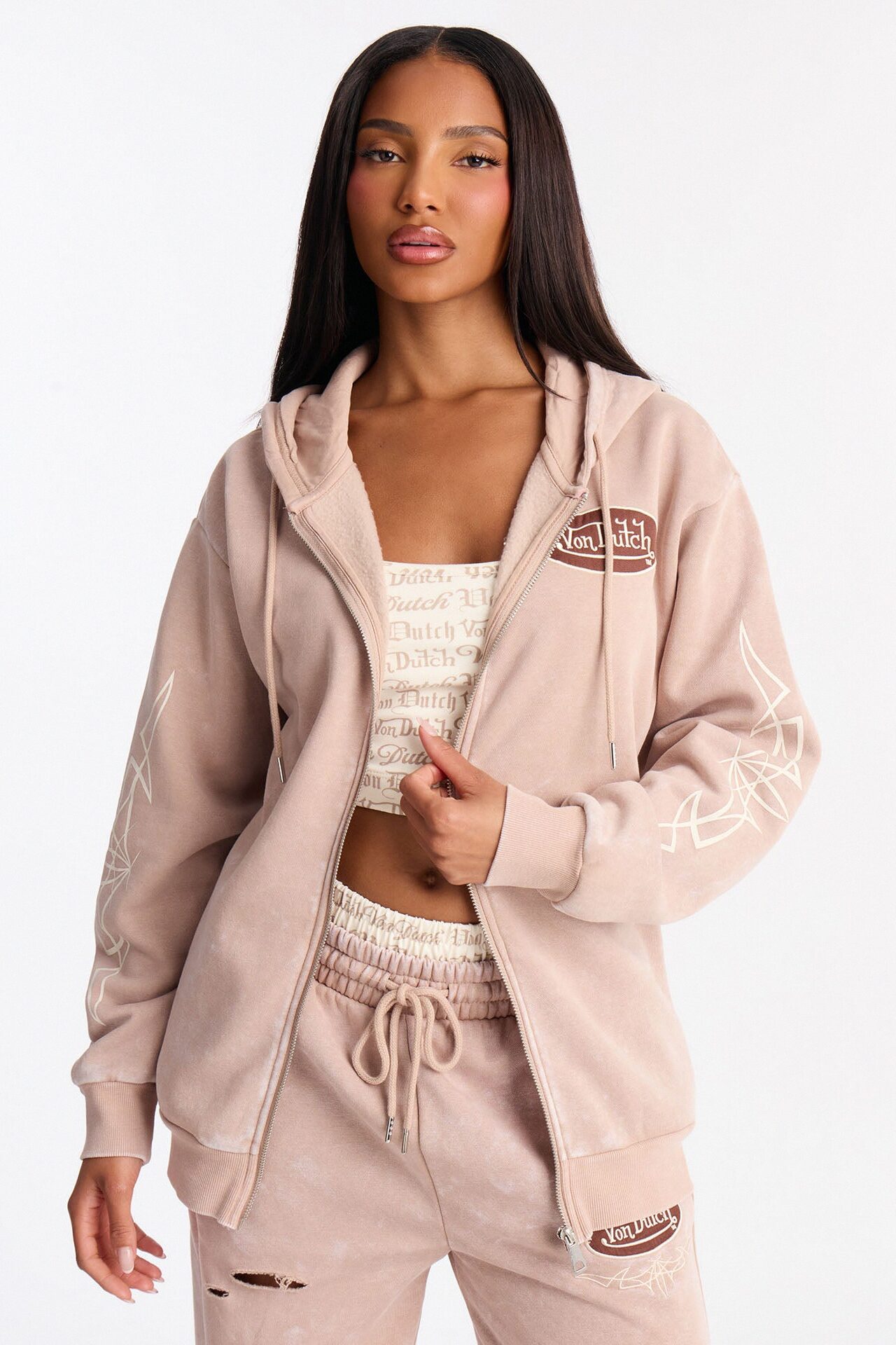 Von Dutch Washed Zip Up Sweatshirt - Taupe
