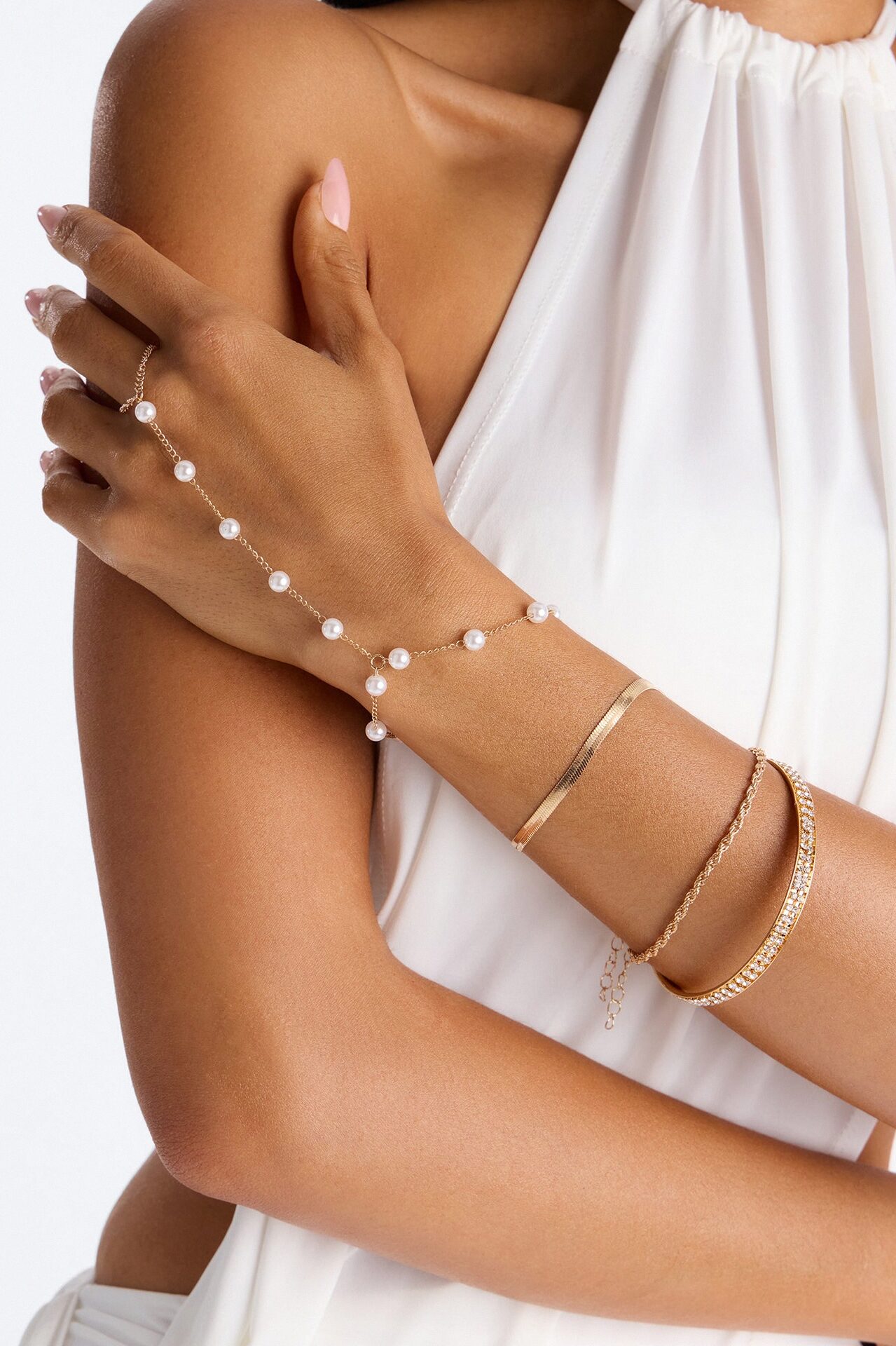 Pretty Pearls Hand Chain 4 Piece Multi Bracelet Set - Gold