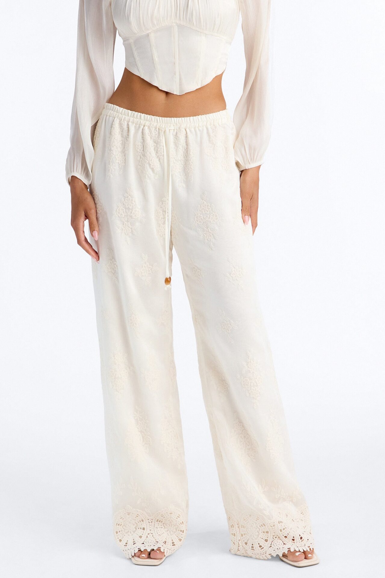 Adriane Embroidered Drawstring Wide Leg Pant - Ivory