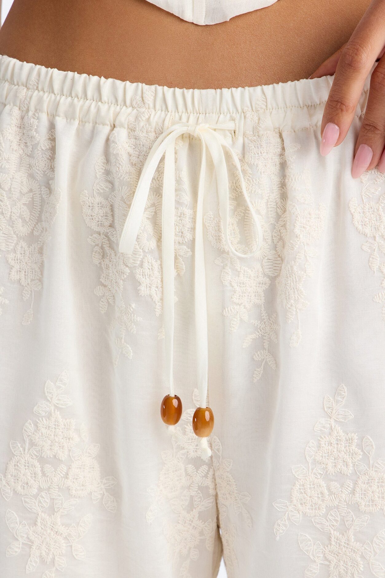 Adriane Embroidered Drawstring Wide Leg Pant - Ivory