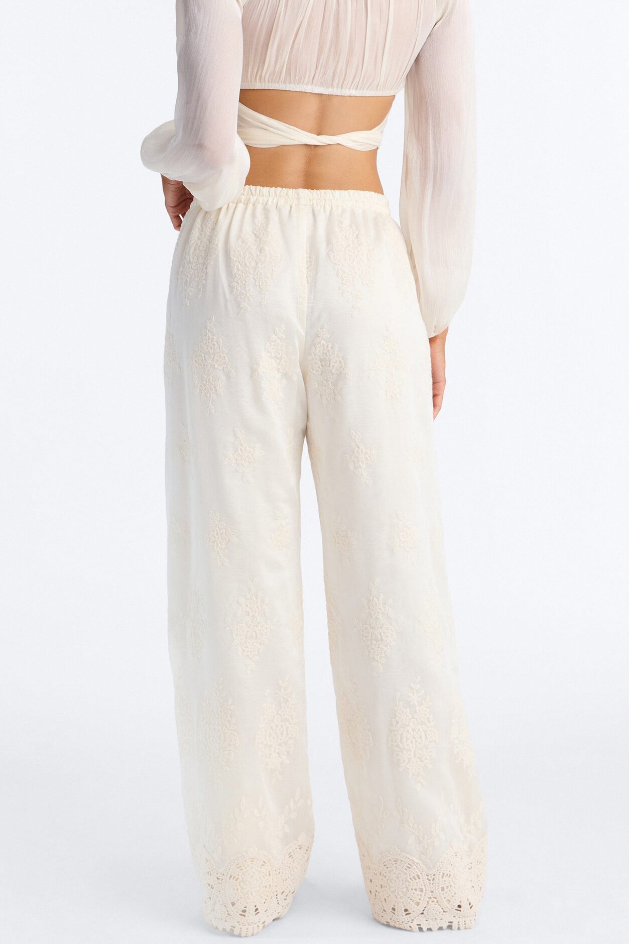 Adriane Embroidered Drawstring Wide Leg Pant - Ivory